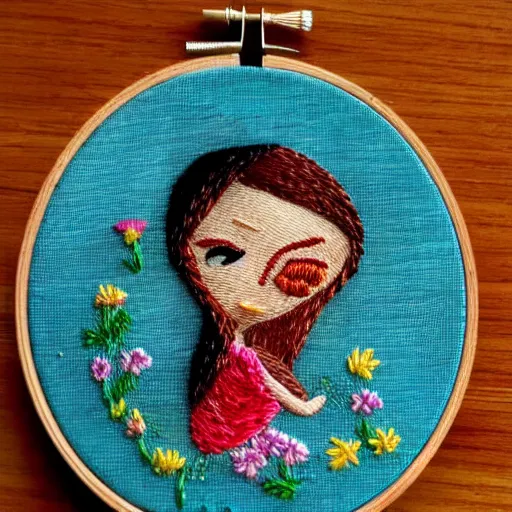 Image similar to a tiny beautiful handmade embroidery of a woman. hand embroidery.