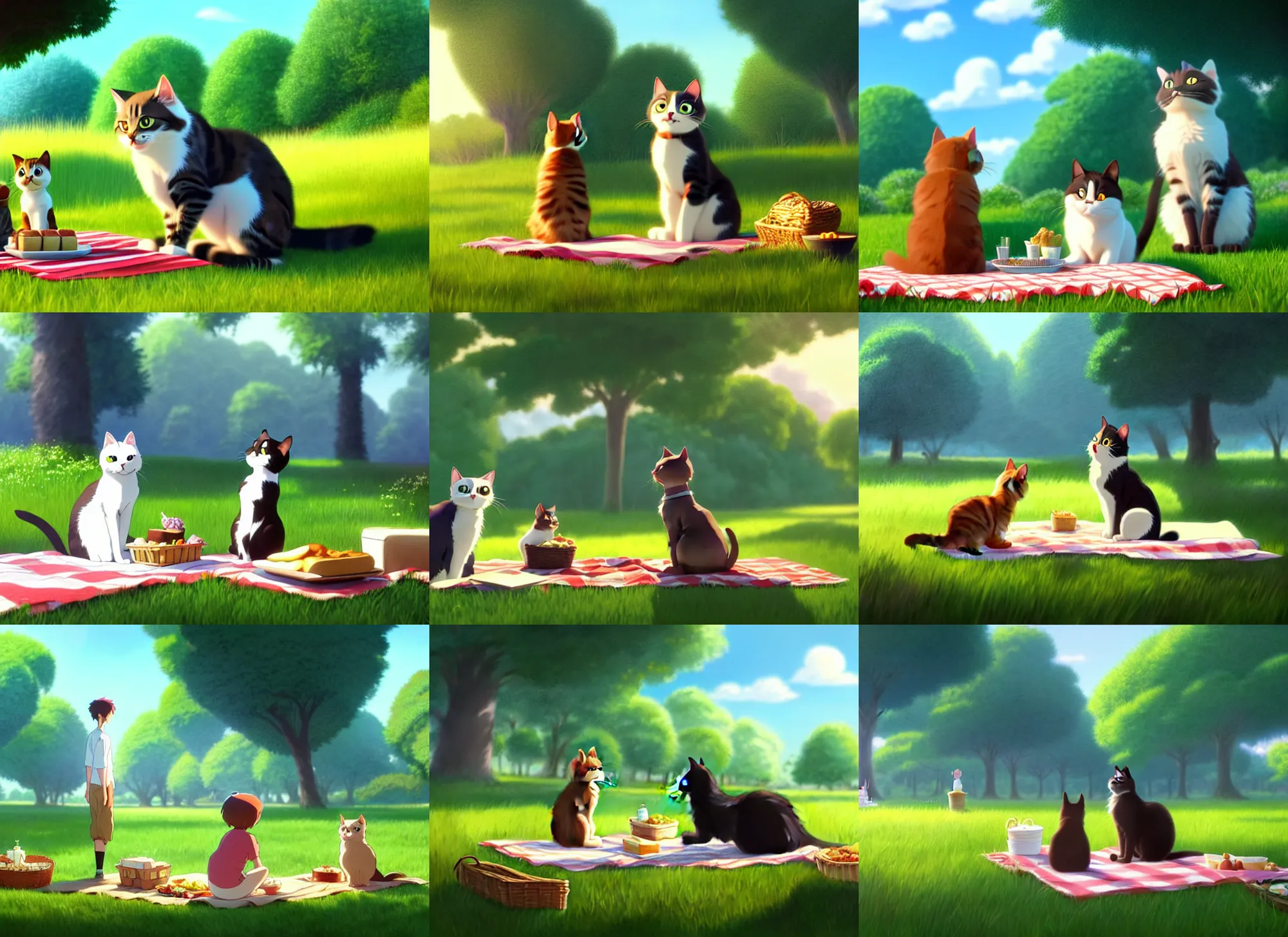 Prompt: a wholesome animation key shot of a cat on a picnic date, studio ghibli, pixar and disney animation, sharp, rendered in unreal engine 5, anime key art by greg rutkowski, bloom, dramatic lighting