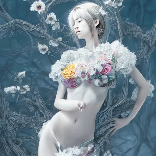 Image similar to the portrait of an absurdly beautiful, graceful, elegant, sophisticated, fashionable young gravure idol made of strawberries and white petals, an ultrafine hyperdetailed illustration by kim jung gi, irakli nadar, intricate linework, bright colors, octopath traveler, final fantasy, unreal engine 5 highly rendered, global illumination, radiant light, detailed and intricate environment