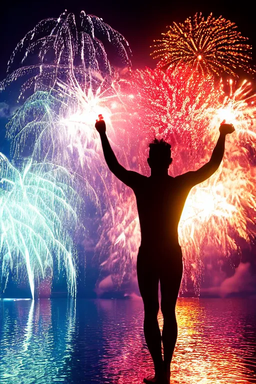 Image similar to ravers standing in water with fireworks in background, full body, silhouette, reflection in water, volumetric lighting, golden ratio, backlit