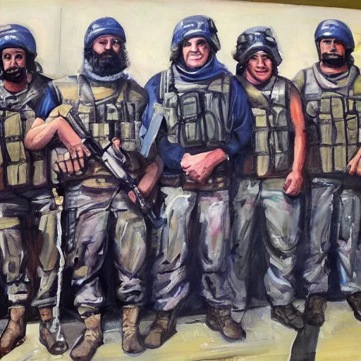 Prompt: A painting of Barney posing with ISIS soldiers in syria, detailed