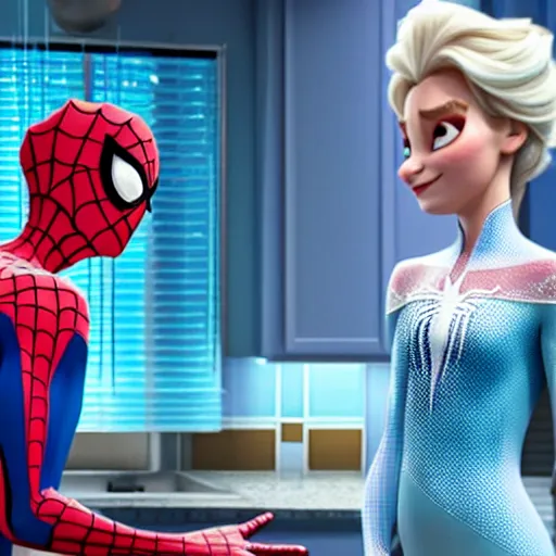 Prompt: spiderman and pregnant princess elsa talking in the kitchen, into the spiderverse cinematic render, ( 2 0 1 8 ) sony animation official media, clear details, award winning, blue gown, third trimester