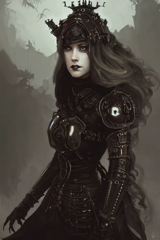 Image similar to beautiful and gothic and evil and dieselpunk young medieval female knight portrait +smoky eyes+front face with light flowing hair, ultradetail face, art and illustration by tian zi and craig mullins and WLOP and alphonse mucha, fantasy, intricate complexity, human structure, human anatomy, fantasy character concept, watermark, blurry, hyperrealism 8k