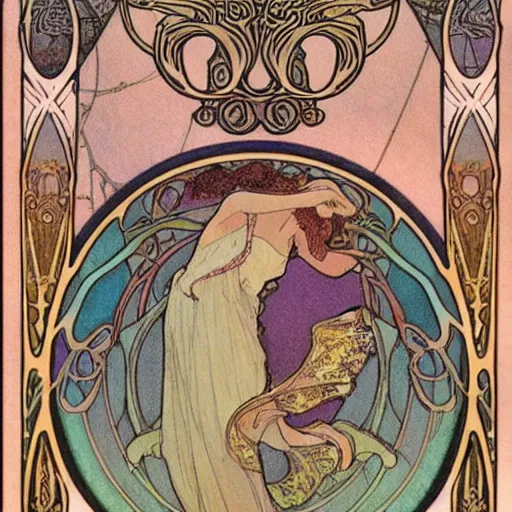 Prompt: princess fairy creating parallels universes, art nouveau by Mucha, beautiful detailed illustration