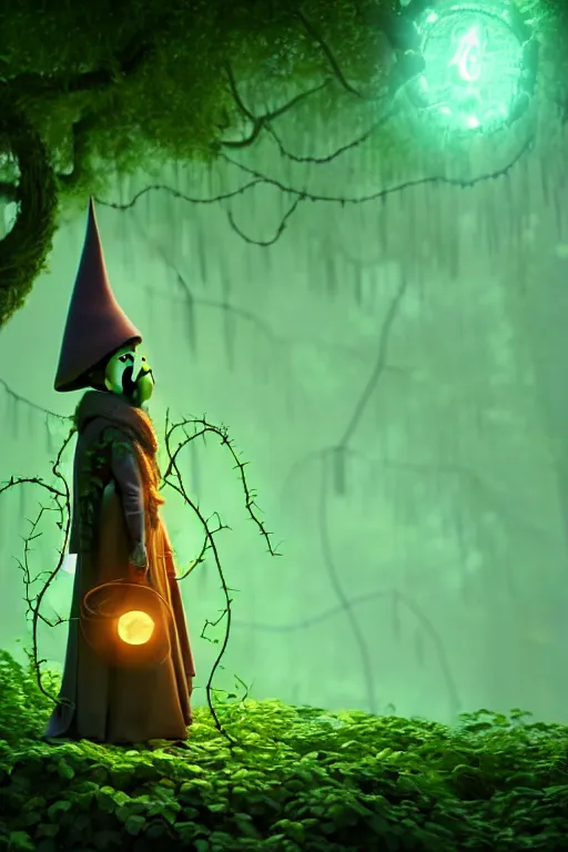 Prompt: A full body portrait of a cute shaman with no face, glowing eyes and a very long hooded dark green cloak of leaves and vines in the style of Pixar's Up 2009, stylized, Octane Render 4k