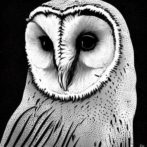 Image similar to a barn owl, digital art, stylized, dripping paint, black and white, concept art, painting