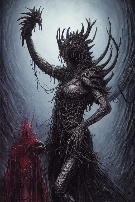 Prompt: portrait of claudia black by hr giger, greg rutkowski and wayne barlowe as a diablo, dark souls, bloodborne monster