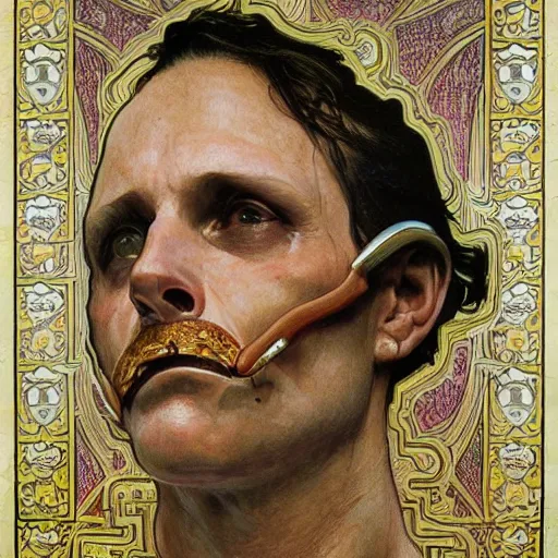 Image similar to hannibal lector, in the style of donato giancola, and in the style of vanessa lemmen, and in the style of alphonse mucha. symmetry, smooth, sharp focus, semi - realism, intricate detail.