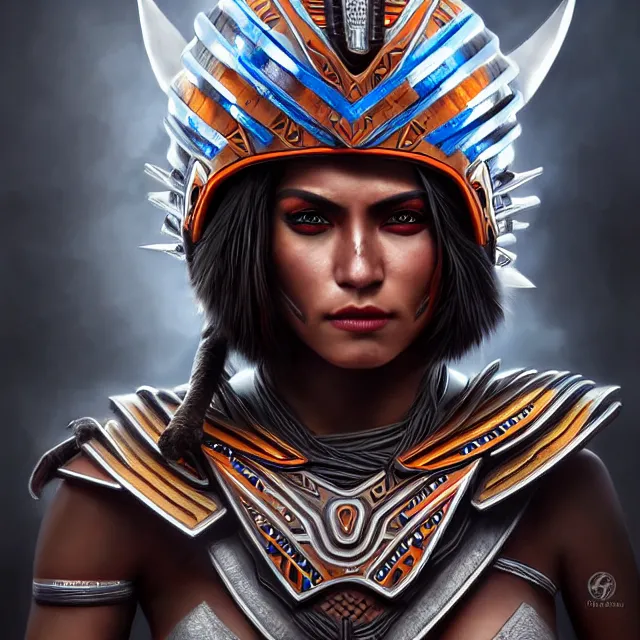 Image similar to futuristic aztec warrior, highly detailed, 4 k, hdr, smooth, sharp focus, high resolution, award - winning photo, artgerm, photorealistic