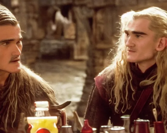 Image similar to Will Turner and Legolas drinking cola in the pub, film still, high detail