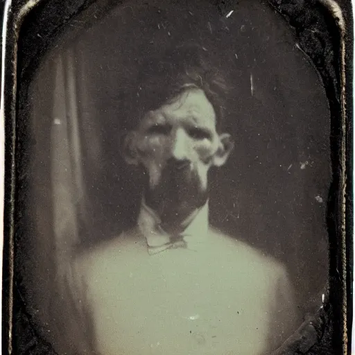 Image similar to daguerreotype photo of a man with a goat head, demonic, horror