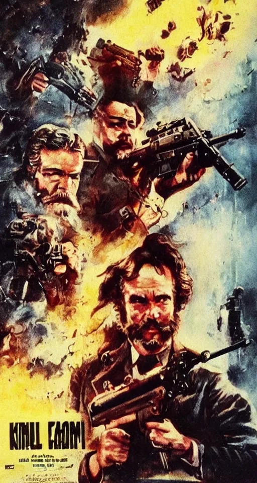 Image similar to very detailed 70s action movie poster with one Karl Marx with a machine gun, drawing 4k, grainy picture cinematic dramatic light