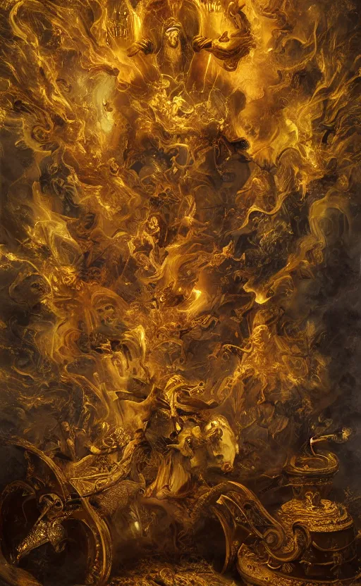 Image similar to 'Deamons Invade The Holy See' by István Sándorfi royally decorated, whirling smoke, embers, gold encrustations , gilt silk torn fabric, radiant colors, fantasy, perfect lighting, studio lit, micro details,