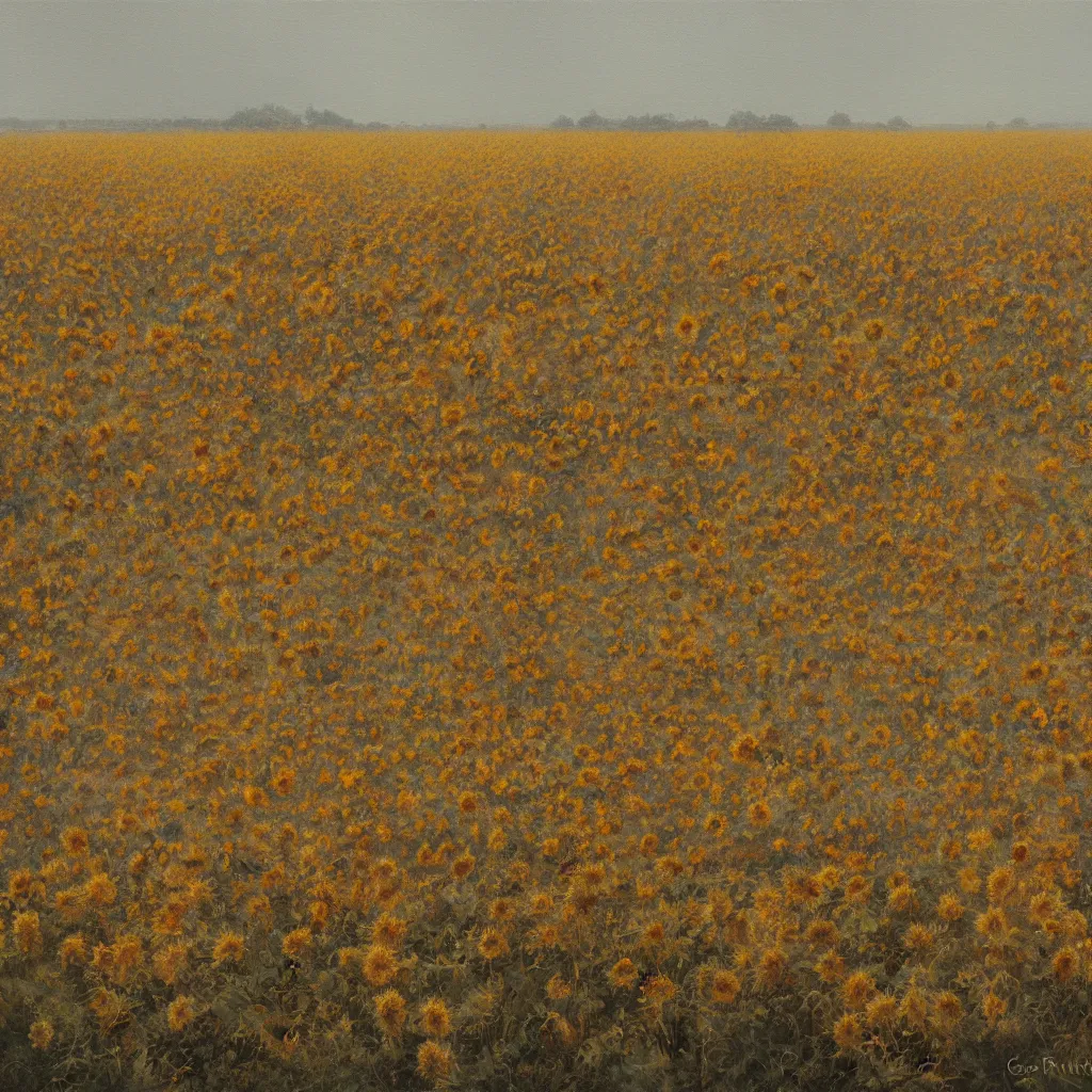 Prompt: Painting by Greg Rutkowski, a field of broken old dry sunflowers without flowers,