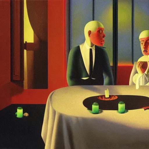 Image similar to A seance, by Raphael Hopper, and Rene Magritte. Extremely Highly detailed, Occult, funny, humorous, humor, hilarious, funny, entertaining, magical, trending on artstationHQ