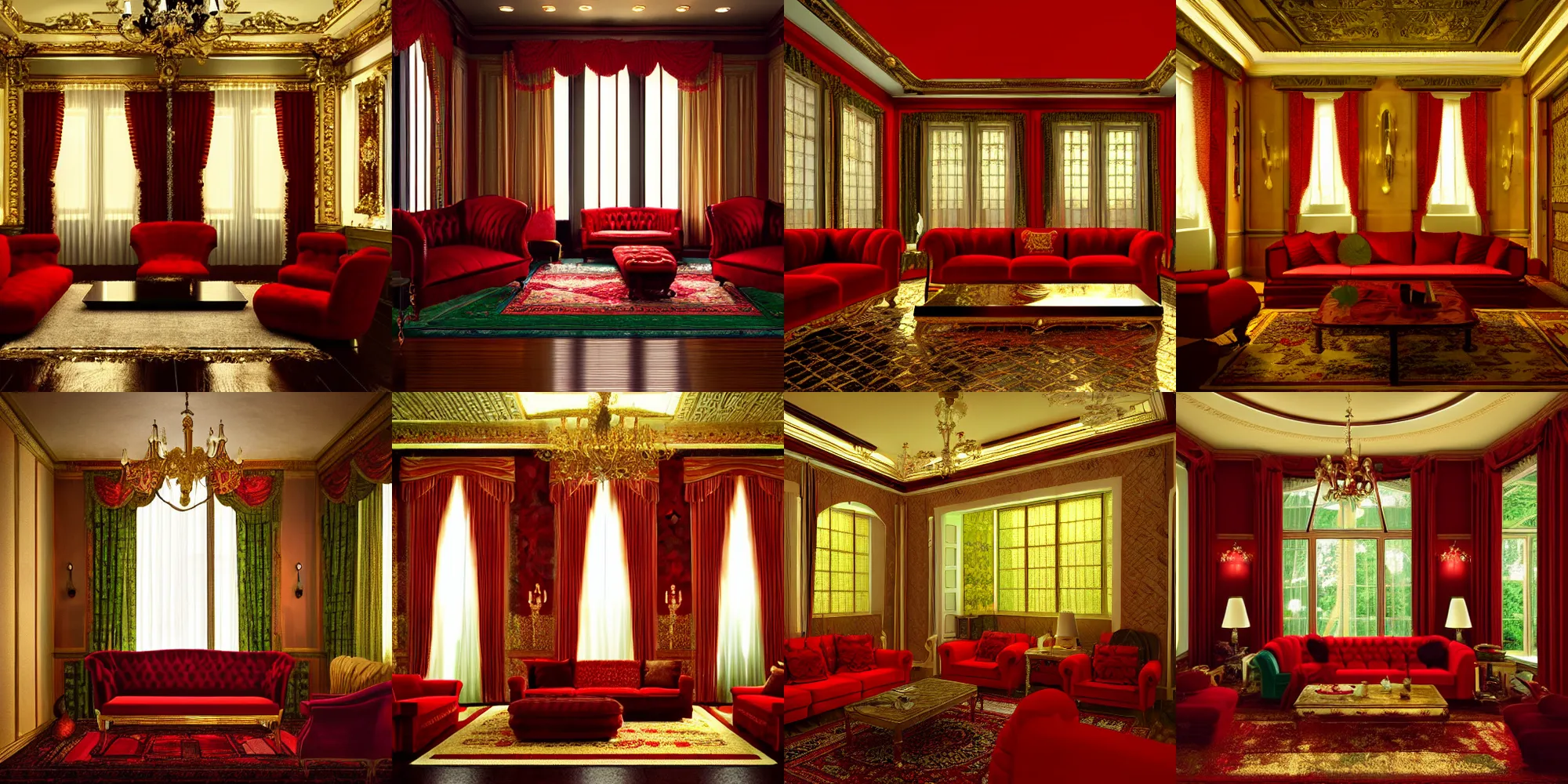 Prompt: living room house, luxury, modern, artstation, lighting by Kubrick, Victorian, gold crimson green, furniture, windows to forest