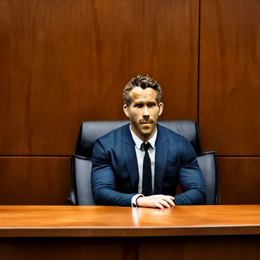 Image similar to ryan reynolds on trial in a court room, highly detailed, extremely high quality, hd, 4 k, 8 k, professional photographer, 4 0 mp, lifelike, top - rated, award winning, realistic, detailed lighting, detailed shadows, sharp, no blur, edited, corrected, trending