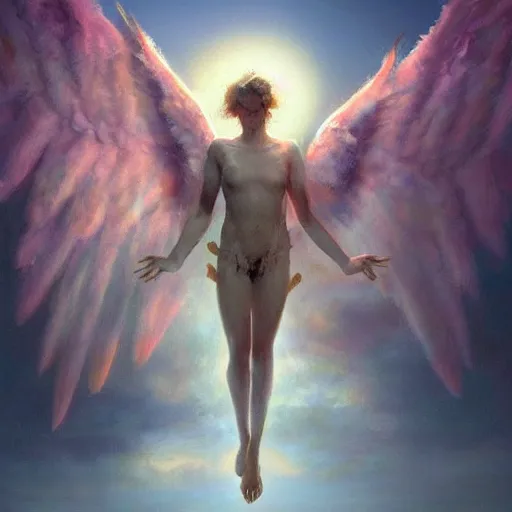 Prompt: a scary biblically accurate angel, many wings many eyes in a beautfiful sky, pink clouds illuminated by the sun, eerie, monster like, by craig mullins