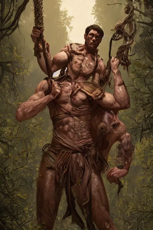 Image similar to portrait of dwight from dead by daylight as a herculian man, forest, full body, muscular, fantasy, intricate, elegant, highly detailed, digital painting, artstation, concept art, sharp focus, illustration, art by artgerm and greg rutkowski and alphonse mucha