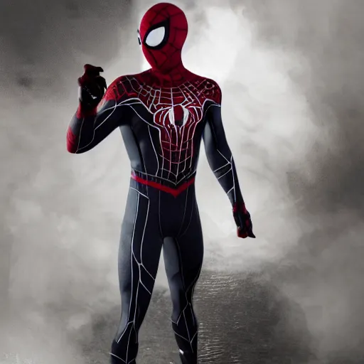 Image similar to black spider - man suit with white web lining, cinematic, volumetric lighting, realistic, hyperdetailed, photorealistic, photograph