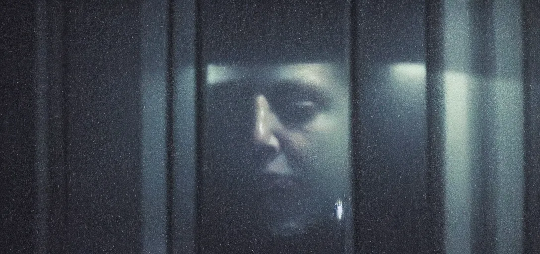 Image similar to dark photo of dark blue rainy bedroom window at night, dimly lit creepy face of elon musk staring in through the window, horror, scary face,