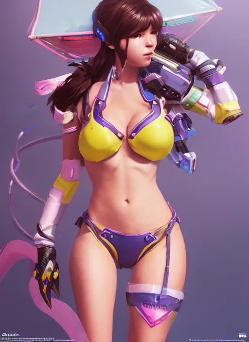 Image similar to d. va from overwatch in a plastic bikini, hyper detailed, digital art, trending in artstation, cinematic lighting, studio quality, smooth render, unreal engine 5 rendered, octane rendered, art style by klimt and nixeu and ian sprigger and wlop and krenz cushart