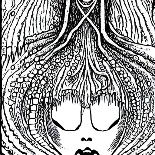 Prompt: lovecraftian many eyed angel, drawn in junji ito manga style