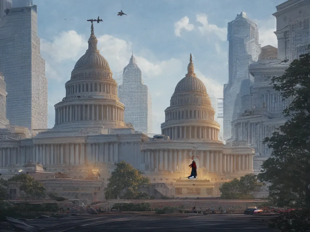 Image similar to architecture concept art by fan wennan. future capitol of the american communist party shining in the sun, communist statue and insignia, hyperdetailed, cinematic, photorealistic, hyperrealism, masterpiece, grounded communist governmental architecture, statue, imposing, strength, abundance, life