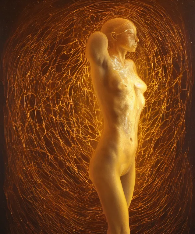 Image similar to Beautiful full-body wax sculpture of glowing transparent woman with visible gold bones covered with melted white wax inside the singularity where stars becoming baroque folds of dark matter by Michelangelo da Caravaggio, Nicola Samori, William Blake, Alex Grey and Beksinski, dramatic volumetric lighting, highly detailed oil painting, 8k, masterpiece