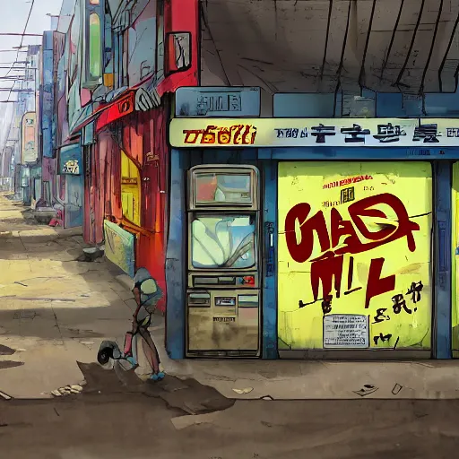 Image similar to incredible wide screenshot, ultrawide, simple watercolor, rough paper texture, ghost in the shell movie scene, backlit distant shot of girl in a parka running from a giant robot invasion side view, yellow parasol in deserted dusty shinjuku junk town, broken vending machines, bold graphic graffiti, old pawn shop, bright sun bleached ground, mud, fog, dust, windy, scary robot monster lurks in the background, ghost mask, teeth, animatronic, black smoke, pale beige sky, junk tv, texture, brown mud, dust, tangled overhead wires, telephone pole, dusty, dry, pencil marks, genius party,shinjuku, koji morimoto, katsuya terada, masamune shirow, tatsuyuki tanaka hd, 4k, remaster, dynamic camera angle, deep 3 point perspective, fish eye, dynamic scene