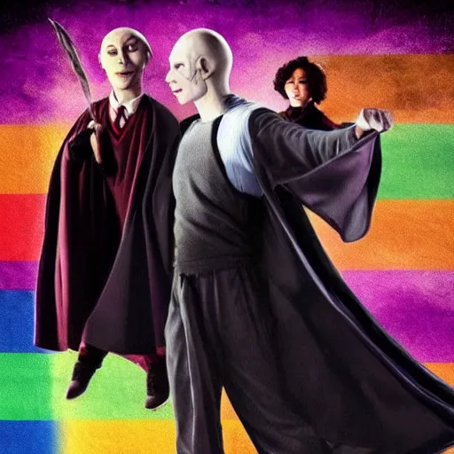 Image similar to ! dream harry potter with voldemort, pride flag in background, full picture