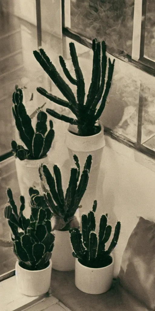 Prompt: 1980s magazine photo of potted cactus and smoke next to a window with dappled natural light