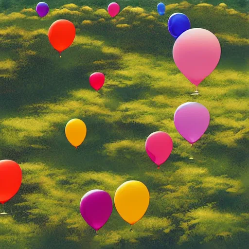 Prompt: plenty of floating birthday balloons. beautiful countryside. digital art, highly - detailed, artstation cgsociety masterpiece