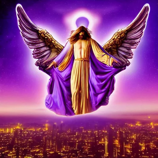 Image similar to a HD photo of a gigantic biblically accurate angel over a city, purple, violet, gold, epic lighting, hyper detailed, throne, rings with eyes