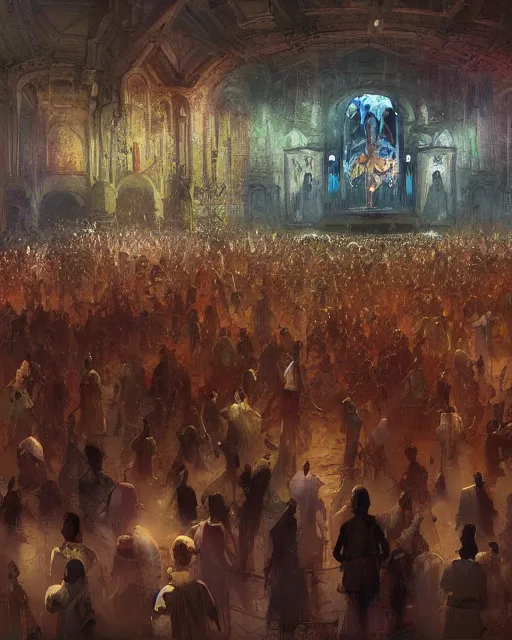 Prompt: craig mullins digital matte art of a crowd in a futuristic church, priest, pews, ethereal, inviting, bright, unreal engine, hyper realism, realistic shading, cinematic composition, realistic render, octane render, detailed textures, photorealistic, wide shot