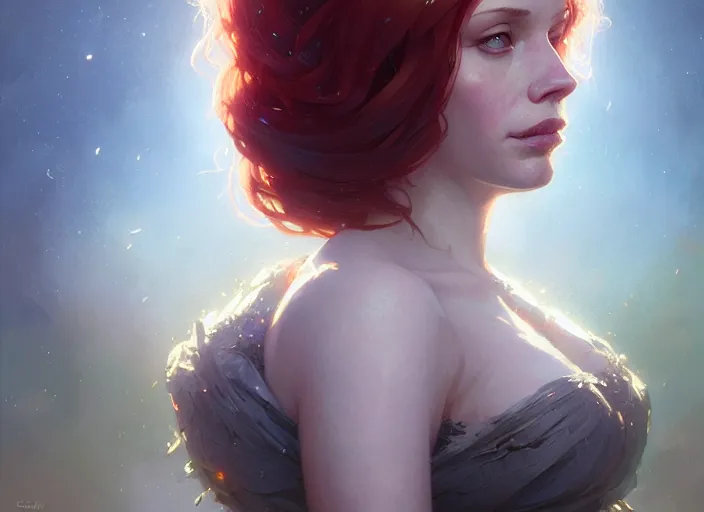 Image similar to highly detailed portrait of christina hendricks, stephen bliss, unreal engine, fantasy art by greg rutkowski, loish, rhads, ferdinand knab, makoto shinkai and lois van baarle, ilya kuvshinov, rossdraws, tom bagshaw, global illumination, radiant light, detailed and intricate environment