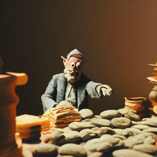 Image similar to “ greedy merchant meme, claymation, hyperrealistic, volumetric lighting, 3 5 mm film still ”