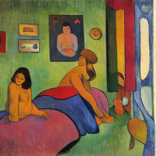 Prompt: representation of a modern girl in her room in the style of Paul Gauguin, French artist