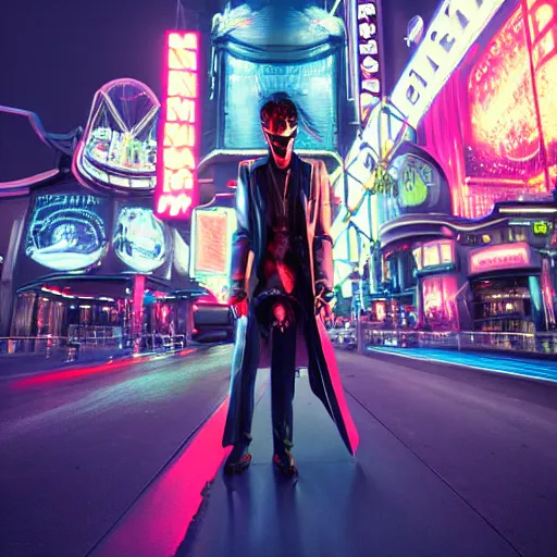 Image similar to 35mm kodak portra photograph of a shadowrun vampire on the Las Vegas strip at night by tomer hanuka and tom bagshaw, handsome face, blood, urban fantasy, hyper realism, high detail, octane render, 8k, trending on artstation, CGsociety, concept art