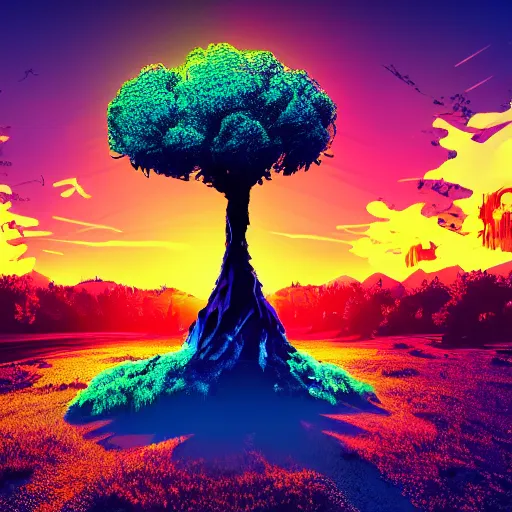 Image similar to synthwave, giant futuristic tree, sunset, sharp, 4k, 2D