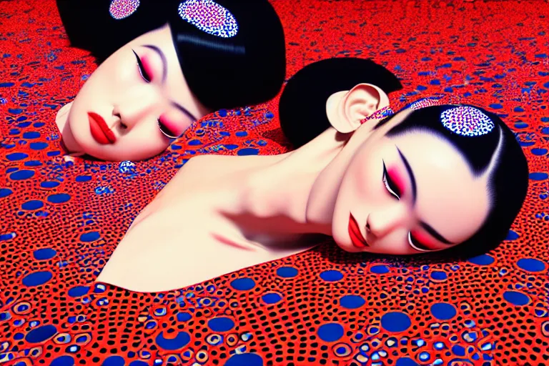 Image similar to hyperrealistic detailed image of a geisha laying in a room, background by yayoi kusama, part by kei mieno, part by ross tran, part by james jean, ultra realistic, highly detailed, symmetrical face, detailed body, 3 d render, very cohesive, masterpiece