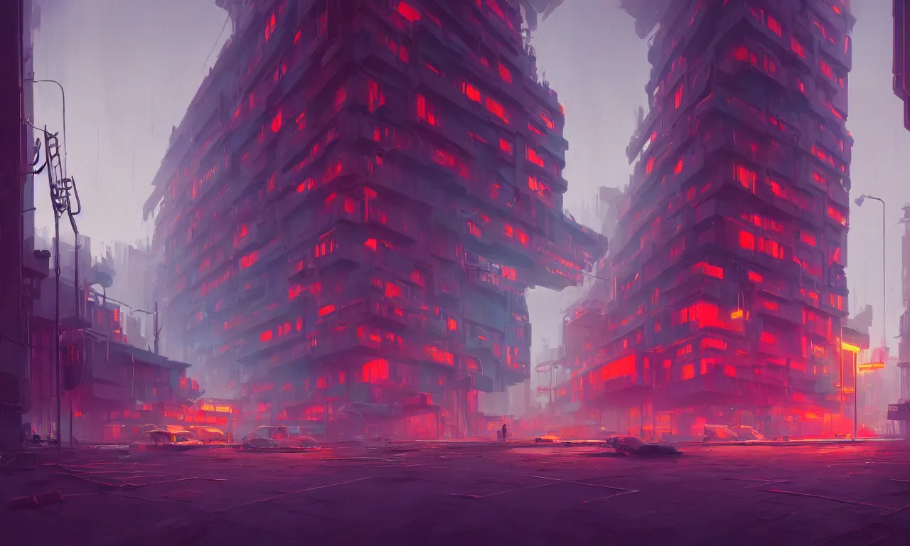 Image similar to brutalist architecture, colorful neon lighting, neon signs, raphael lacoste, eddie mendoza, alex ross, concept art, matte painting, highly detailed, rule of thirds, dynamic lighting, cinematic, detailed, denoised, centered