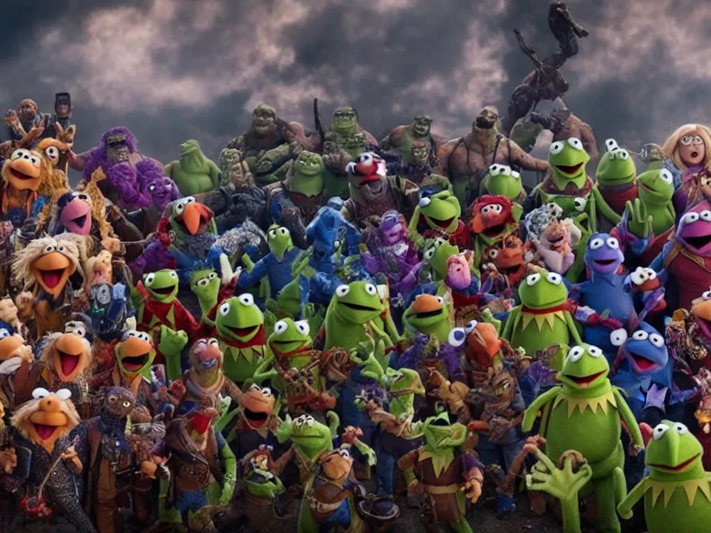 Prompt: A still of The Muppets in the final fight against Thanos, Avengers Endgame, epic, cinematic