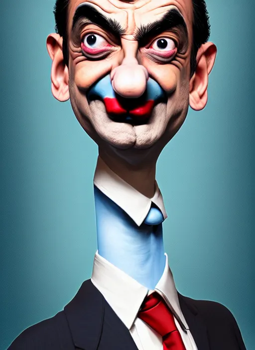 Image similar to highly detailed caricature portrait of mr bean with clown makeup by ross tran, by greg rutkowski, brush strokes, 4 k resolution, light blue pastel background