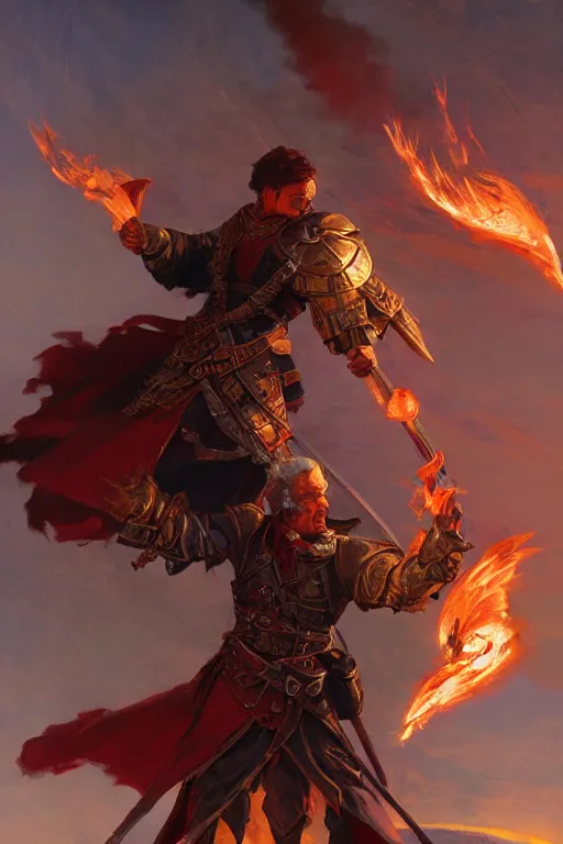 Image similar to dungeons and dragons warrior with flaming sword character full body side profile portrait, dramatic light, dungeon background, 2 0 0 mm focal length, painted by stanley lau, painted by greg rutkowski, painted by stanley artgerm, digital art, trending on artstation