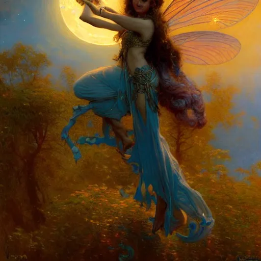 Image similar to attractive fairy queen fly high in the night, fantasy, full moon in background. hyper detailed painting by gaston bussiere, craig mullins, j. c. leyendecker, mid shot, 8 k, cryengone, cinematic lighting, beautiful,