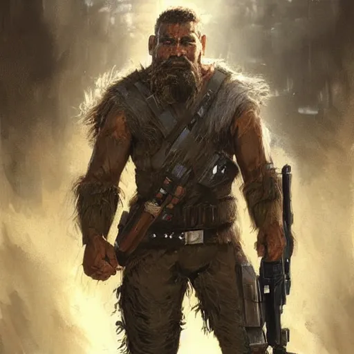 Prompt: portrait of a man by greg rutkowski, old bounty hanter, samoan features, tall and muscular, epic beard, star wars expanded universe, he is about 8 0 years old, wearing tactical gear.