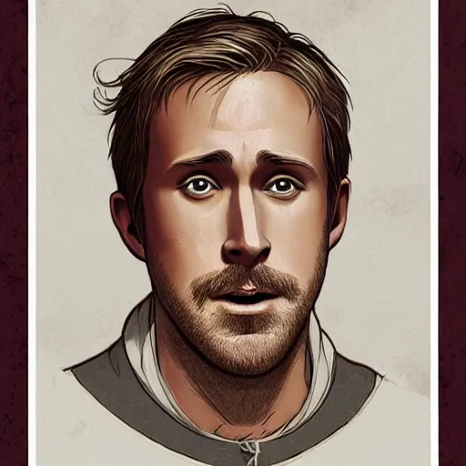 Image similar to portrait of the medieval old ryan gosling, artstation, cartoon, elegant, highly detailed, digital painting, concept art, smooth, clear focus, illustration, works by studio ghibli, makoto shinkai, don bluth, fujita goro, jean giraud, atey gaylan, akihiko yoshida, tom whalen, anton fadeev 8 k