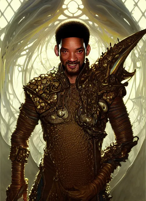 Prompt: portrait of will smith, d & d, wet, shiny, fantasy, intricate, elegant, hyper detailed, ultra definition, photoreal, artstation, unreal engine rendered, concept art, smooth, sharp focus, illustration, art by artgerm and greg rutkowski and alphonse mucha and garis edelweiss