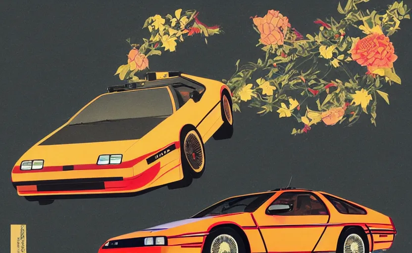 Prompt: a red delorean, yellow tiger stripe background, art by hsiao - ron cheng and utagawa kunisada, magazine collage, # de 9 5 f 0,